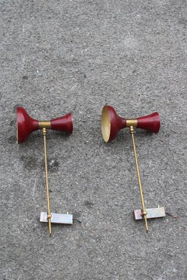 Articulated Wall Lamps in Brass and Red Lacquered Aluminum, 1950, Set of 2-EH-1450991