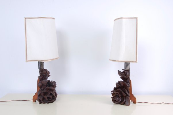 Artisanal Table Lamps with Carved Wooden Elements, 1800s, Set of 2-XSG-968828