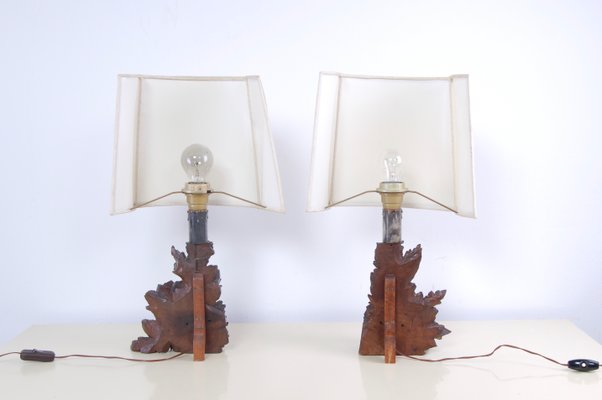 Artisanal Table Lamps with Carved Wooden Elements, 1800s, Set of 2-XSG-968828