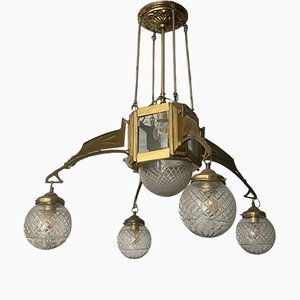 Arto Deco Ceiling Lamp in Bronze and Carved Glass, 1920s-RFP-1309671