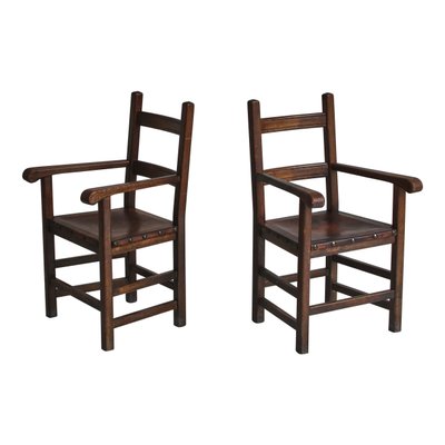 Arts and Crafts Armchairs in Oak and Leather, Set of 2-WRF-1015968