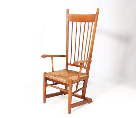 Arts & Crafts Art Nouveau High Back Armchair in Oak with Rush Seat, 1900s-MY-1768887