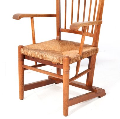 Arts & Crafts Art Nouveau High Back Armchair in Oak with Rush Seat, 1900s-MY-1768887