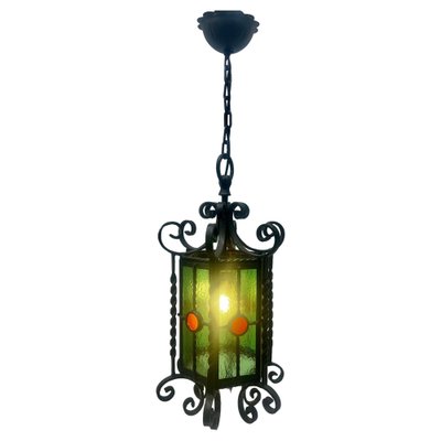 Arts & Crafts Forget and Colored Glass Pendant Lobby Lamp, 1930s-MJY-1393031