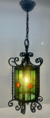 Arts & Crafts Forget and Colored Glass Pendant Lobby Lamp, 1930s-MJY-1393031