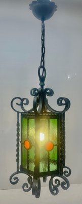 Arts & Crafts Forget and Colored Glass Pendant Lobby Lamp, 1930s-MJY-1393031