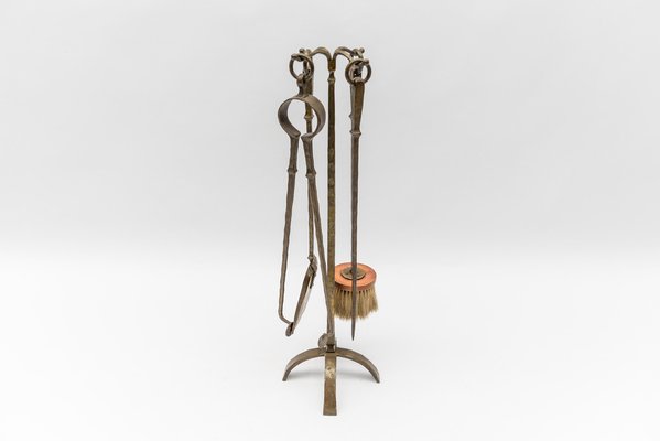 Arts & Crafts Hand-Forged Iron Fire Utensils on Matching Stand, 1960s, Set of 5-KQB-1774457