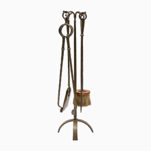 Arts & Crafts Hand-Forged Iron Fire Utensils on Matching Stand, 1960s, Set of 5-KQB-1774457