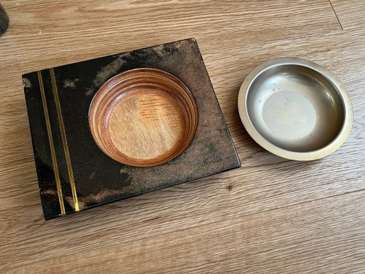 Ashtray and Lighter in Goatskin Veneer with Brass Elements by Aldo Tura, Set of 2-MSC-1758289