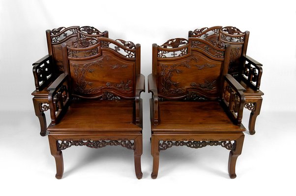 Asian Armchairs with Bats and Cranes, 1880s, Set of 4-XNH-1816672