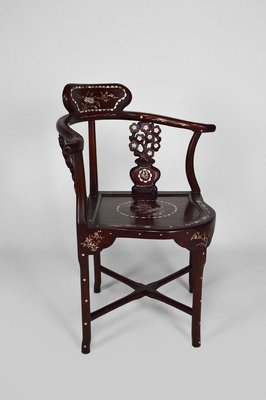 Asian Carved Inlaid Wood Armchairs, Early 20th Century, Set of 4-XNH-895788