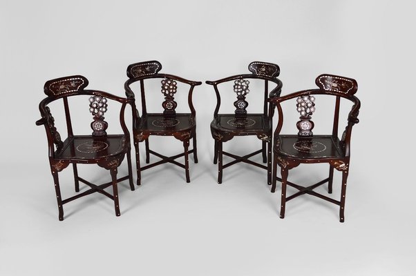 Asian Carved Inlaid Wood Armchairs, Early 20th Century, Set of 4-XNH-895788