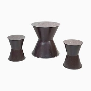 Asian Modern Table and Stools in Brown Metal with Decoration, 1990s, Set of 3-GDD-1363622