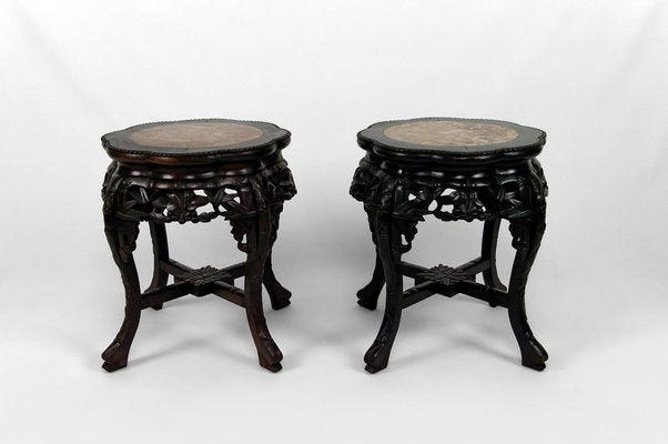 Asian Side Tables in Carved Wood and Marble Tops, 1880s, Set of 2-XNH-1804473