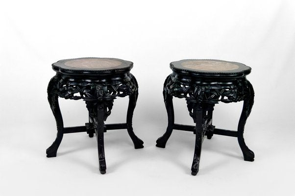 Asian Side Tables in Carved Wood and Marble Tops, 1880s, Set of 2-XNH-1804473