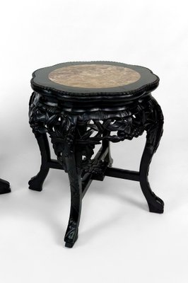 Asian Side Tables in Carved Wood and Marble Tops, 1880s, Set of 2-XNH-1804473