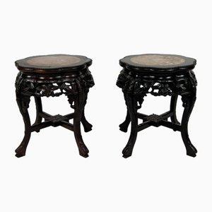 Asian Side Tables in Carved Wood and Marble Tops, 1880s, Set of 2-XNH-1804473