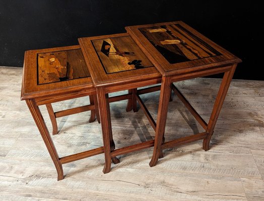 Asian Standing Tables in Marquetry, 1920s, Set of 3-IBO-1761547