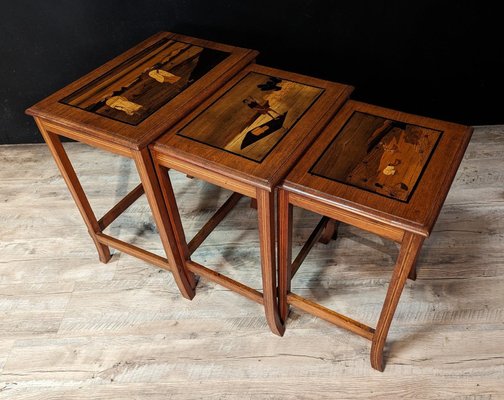 Asian Standing Tables in Marquetry, 1920s, Set of 3-IBO-1761547