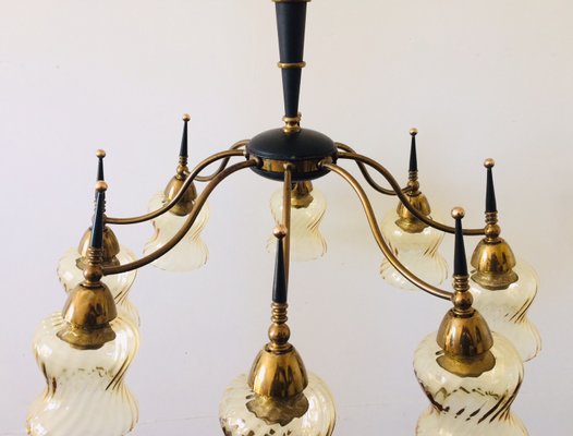 Atomic Age Design Brass and Glass Chandelier, 1950s-RQV-842094