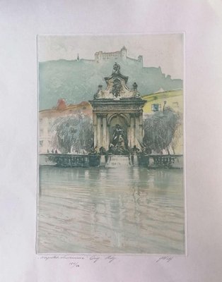 Augusto Wolf - Fountain with Castle - Original Etching Hand Watercolor - 1890s-ZCI-839429