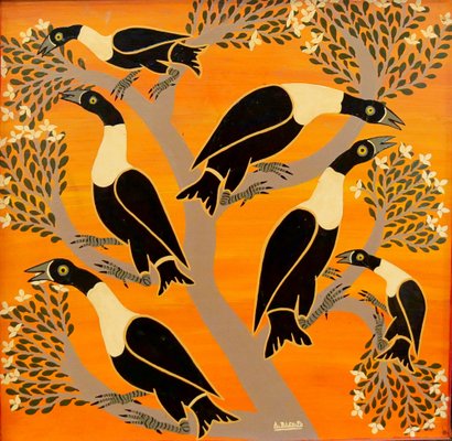 Aussi Jaffary Rashid, Birds, Tanzania, 1970s, Oil on Board-QFD-1189680