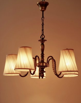 Austrian Brass Chandelier with Five Silk Shades attributed to J.T. Kalmar, 1935-BAF-1788088