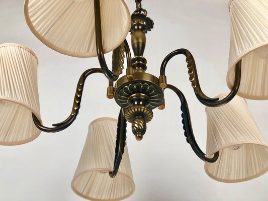 Austrian Brass Chandelier with Five Silk Shades attributed to J.T. Kalmar, 1935-BAF-1788088