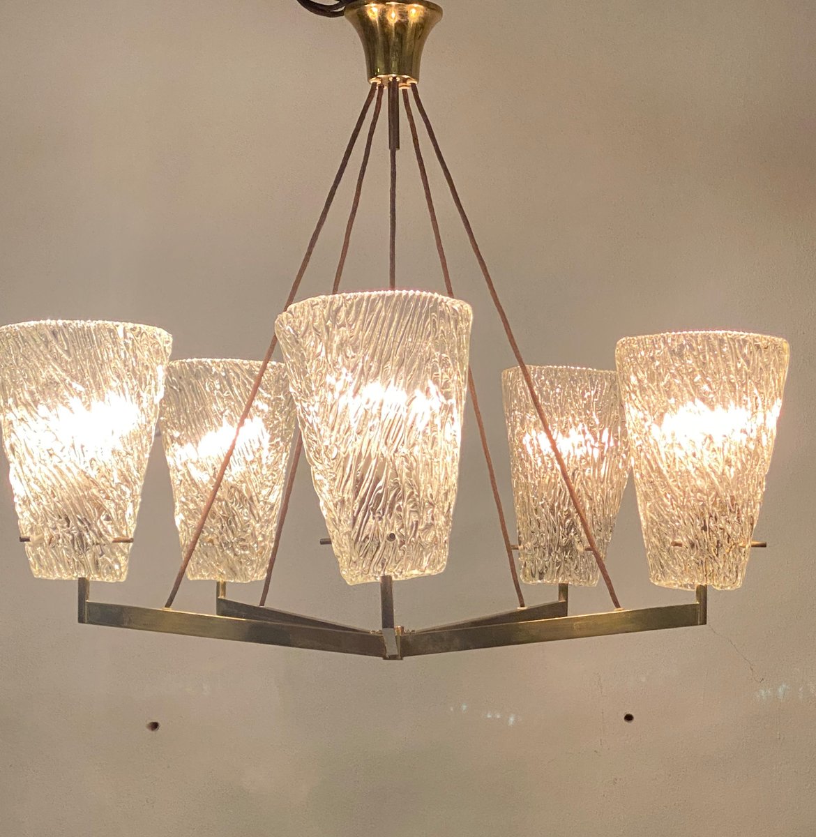 Austrian Brass Chandelier with Textured Glass by J. T. Kalmar, 1950s