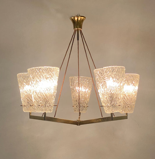 Austrian Brass Chandelier with Textured Glass by J. T. Kalmar, 1950s