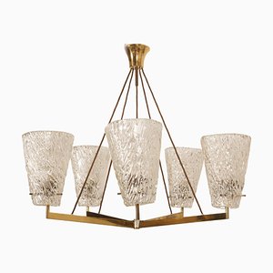 Austrian Brass Chandelier with Textured Glass by J. T. Kalmar, 1950s-AX-1704813