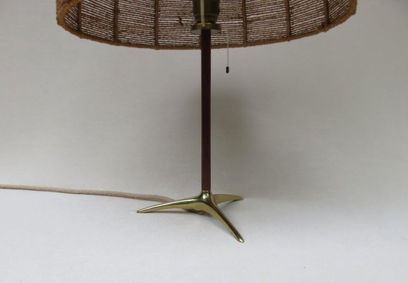 Austrian Brass, Wood & Cord Table Lamp with Crow's Foot, 1950s-EY-853274