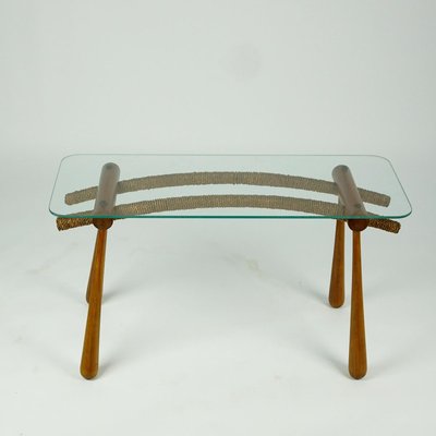 Austrian Mid-Century Beechwood Side Table with Cord and Glass Top by Max Kment-MH-907488