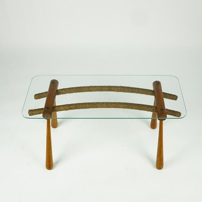 Austrian Mid-Century Beechwood Side Table with Cord and Glass Top by Max Kment-MH-907488