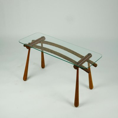 Austrian Mid-Century Beechwood Side Table with Cord and Glass Top by Max Kment-MH-907488