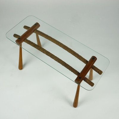 Austrian Mid-Century Beechwood Side Table with Cord and Glass Top by Max Kment-MH-907488