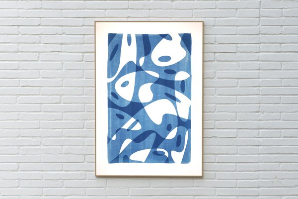 Avant Garde Palette Shapes in Blue Tones, Handmade Monotype on Paper, 2021-RWC-973495