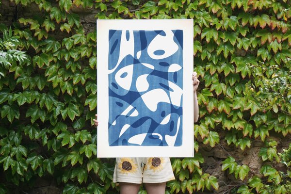 Avant Garde Palette Shapes in Blue Tones, Handmade Monotype on Paper, 2021-RWC-973495