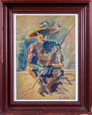 Axel Acke, Fisherman, Watercolor, 1890s-QOR-2022788