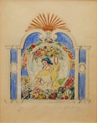 B. Kustodiev, Sketch of the Pavilion or Abundance Panel, 1920s, Watercolor & Pencil, Framed-WMV-1783025