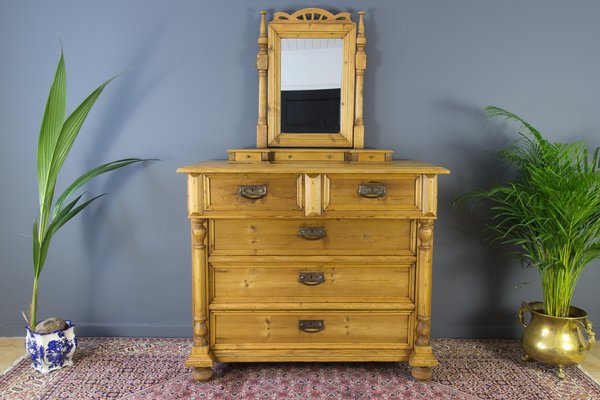 Baltic Art Nouveau Style Pine Chest of Drawers with Mirror-KEG-1135879