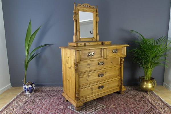 Baltic Art Nouveau Style Pine Chest of Drawers with Mirror-KEG-1135879