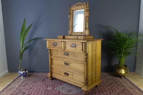 Baltic Art Nouveau Style Pine Chest of Drawers with Mirror-KEG-1135879