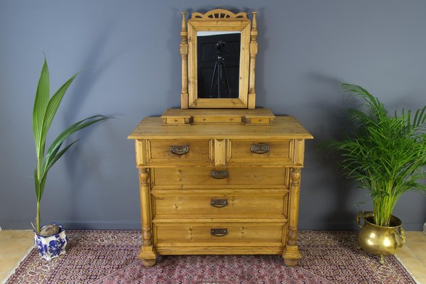 Baltic Art Nouveau Style Pine Chest of Drawers with Mirror-KEG-1135879