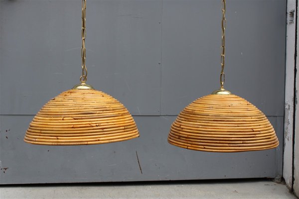 Bamboo and Brass Pendant Lamps, 1950s, Set of 2-EH-1424561