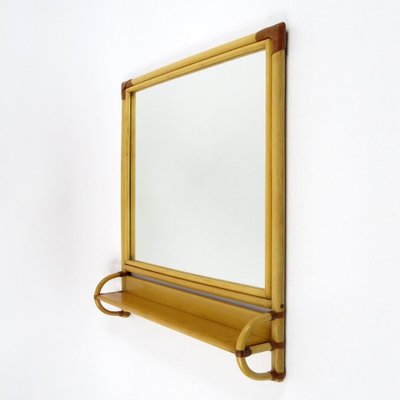 Bamboo and Leather Mirror with Shelf, 1970s-BH-1720628