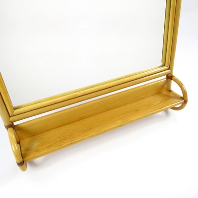 Bamboo and Leather Mirror with Shelf, 1970s-BH-1720628