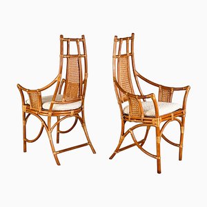 Bamboo and Rattan Armchairs with Bouclé Dedar Milano Cushions, 1970s, Set of 2-KHT-2034453