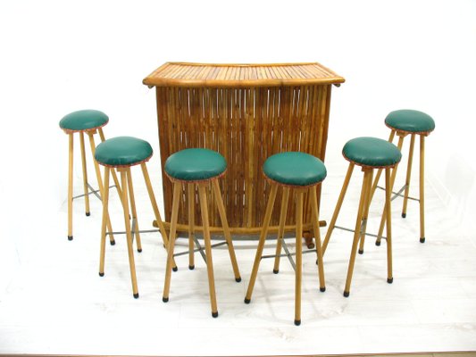 Bamboo Bar and Stools, 1970s, Set of 7-WVA-949719