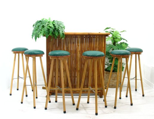 Bamboo Bar and Stools, 1970s, Set of 7-WVA-949719